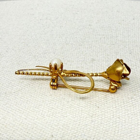 Vintage Rose Flower Brooch Gold-Tone Bow Dainty Minimal Imitation Pearl Retro - Picture 3 of 8